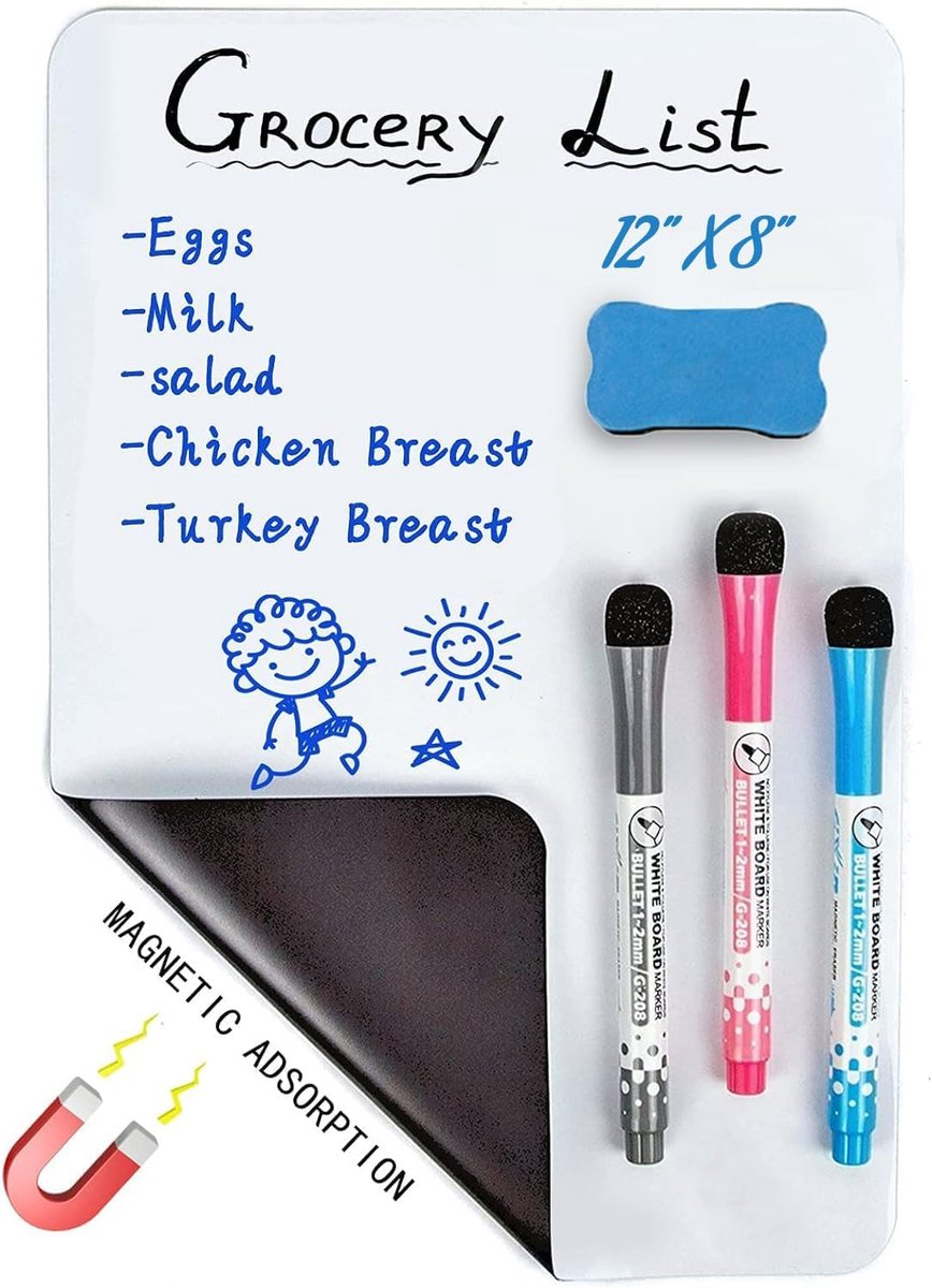 SnelShoppen - Magnetisch Drooguitwisbaar Whiteboard A4 voor Koelkast, Planner & To-Do Lijst, Inclusief 1 Magnetische Gum en 3 Whiteboard Stiften