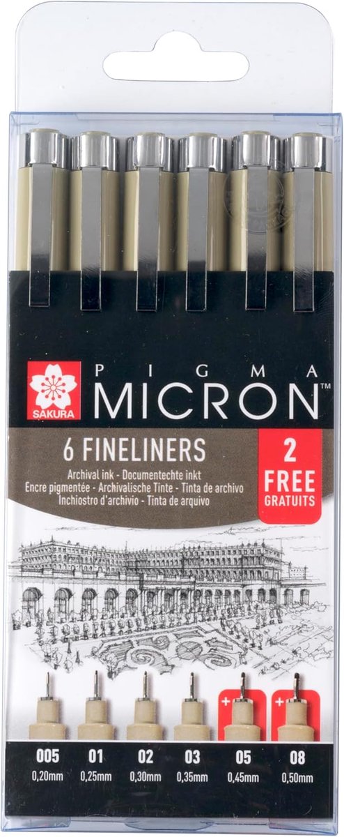 Thijox - Sakura Pigma Micron Fineliner Set 6 Stuks, Exclusieve 4+2 Aanbieding, Premium Archiefinkt, Waterproof, Kleurvast, Perfect voor Kunstenaars en