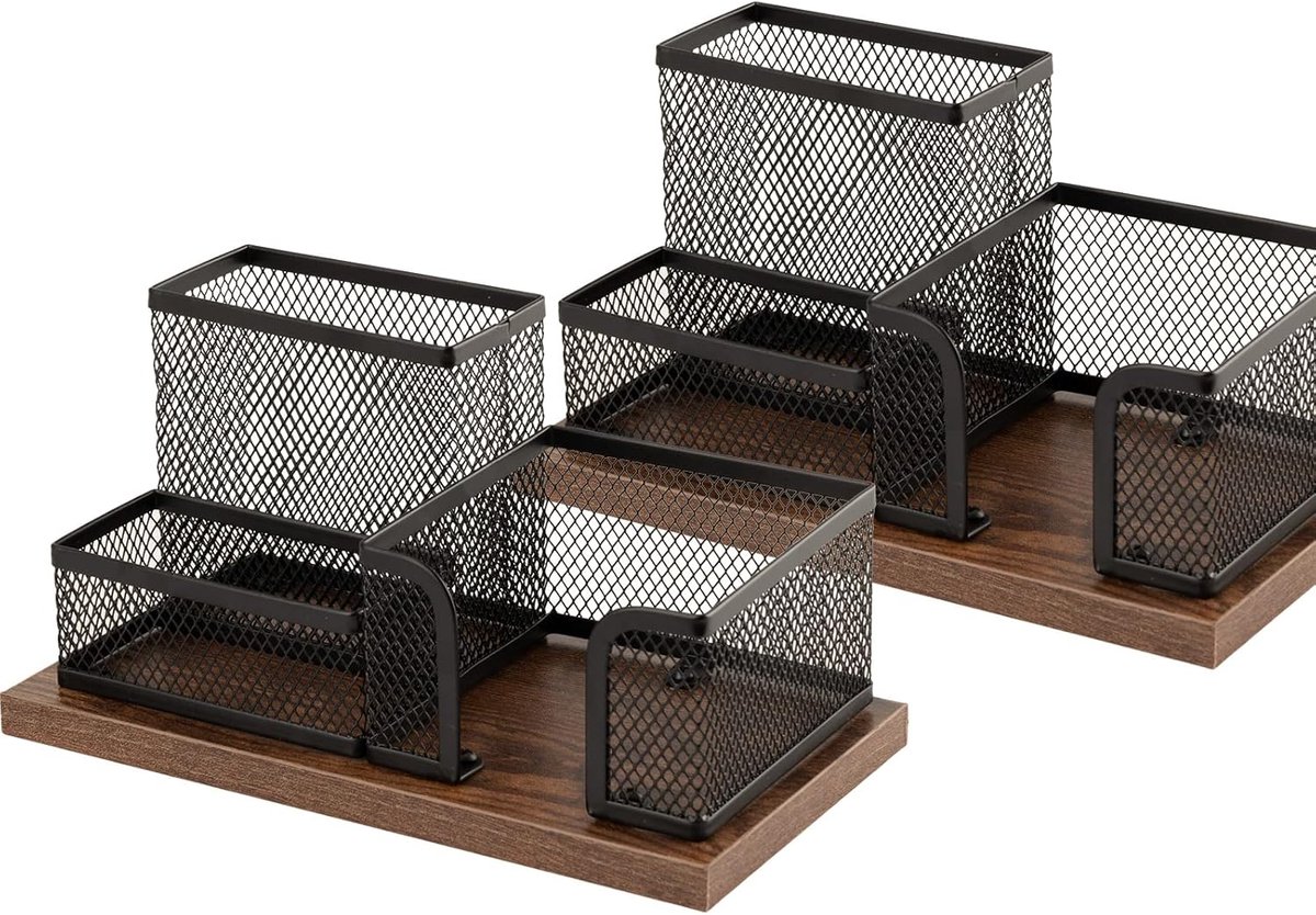 SnelShoppen - Antieke Houten Pennenhouder met Netstof, Bureauorganizer met 3 Vakken, 2 Stuks, Zwart, Perfect voor Thuis en Kantoor