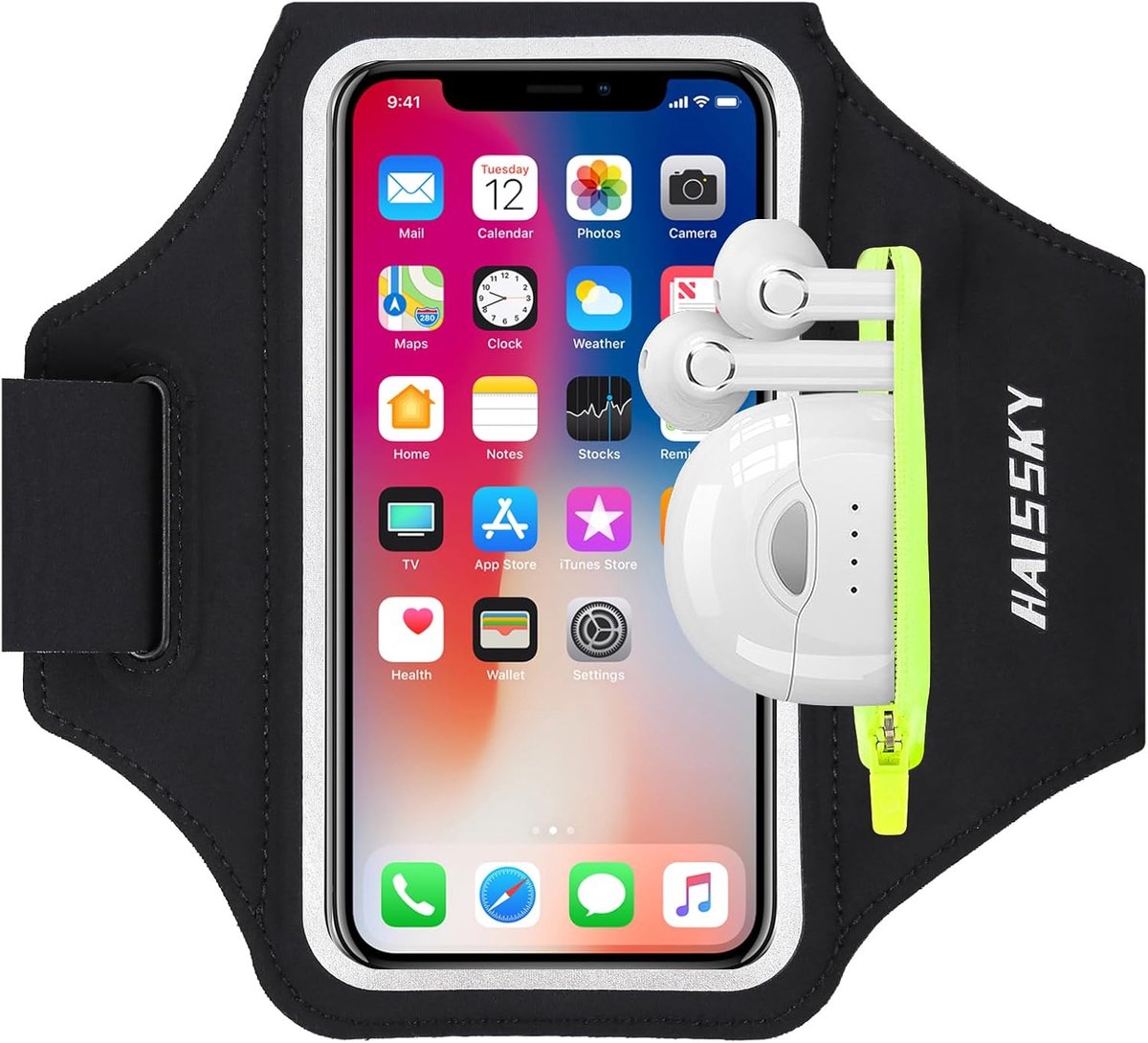 Thijox - Sportarmband met Oortelefoonvak voor iPhone 17 Pro Max, 16 Pro, 15, 14, 13, 12 Plus - Hardlopen, Joggen, Fietsen, Wandelen - Zwart, Waterdich