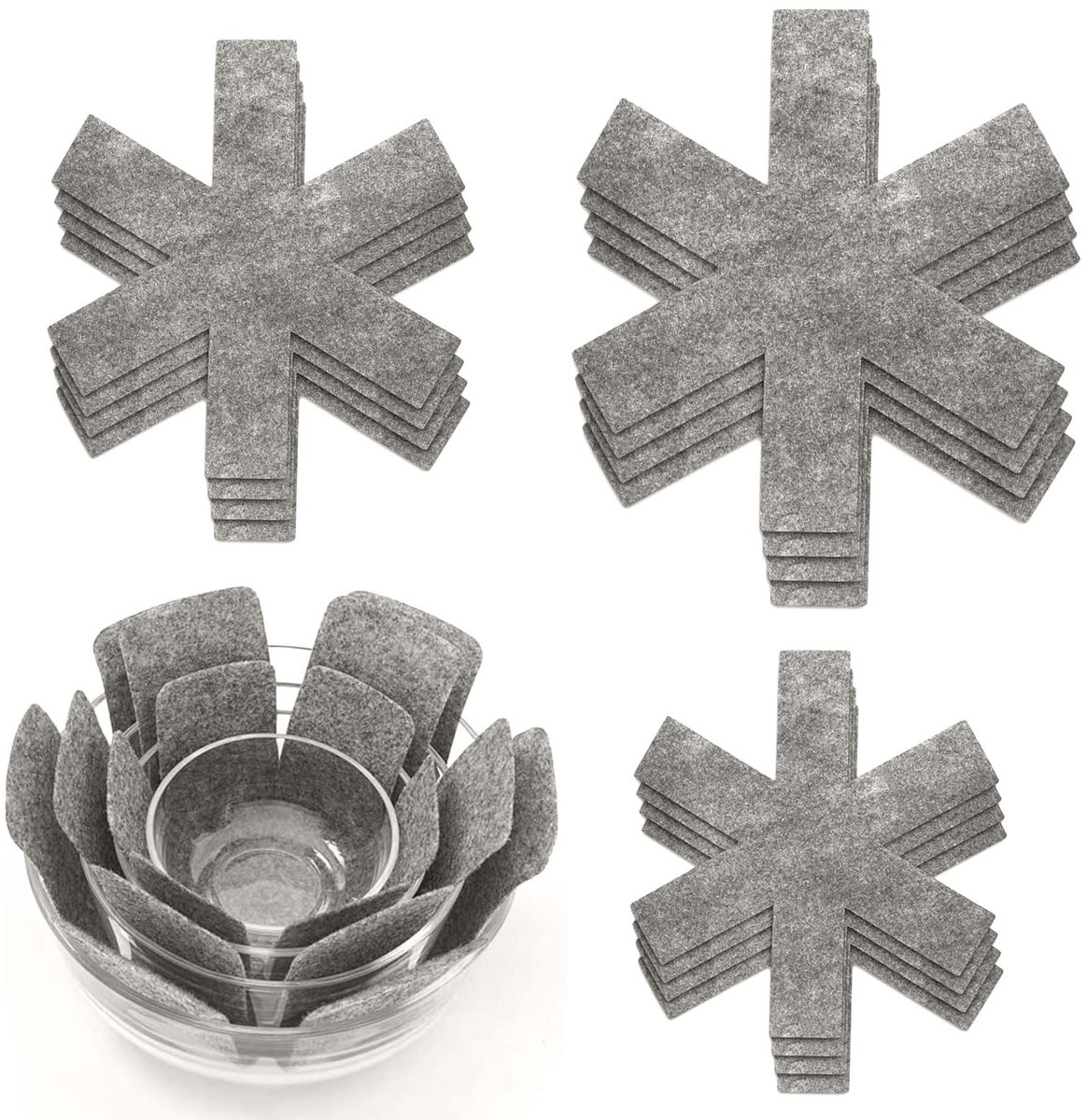 Inovra - 12 stuks pannenbeschermers vilt, 38, 35, 26 cm, hittebestendige pannenbescherming, stapelbescherming, antislip pannenscheider, onderzetter voor potten en kommen, keukengerei (grijs)