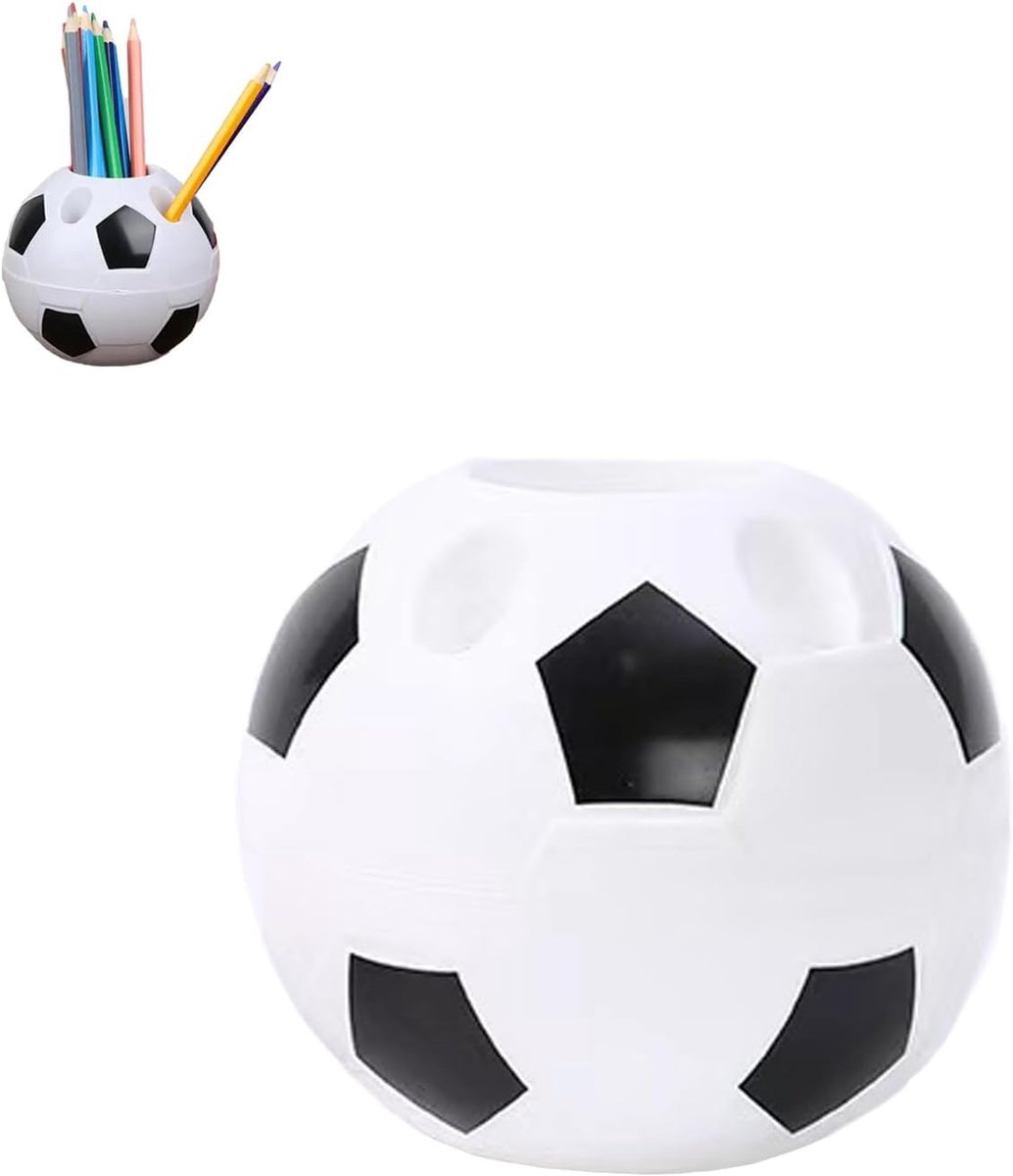 Thijox - Voetbalpennenbeker, pennenhouder met 6 gaten, kunststof tafelorganizer, compact en ruimtebesparend voor school, kantoor, thuis, cadeau en ver