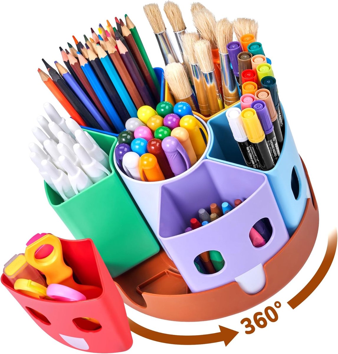 SnelShoppen - Roterende pennenhouder bureau-organizer, 7 vakken klein, draaibare container voor schoolbenodigdheden, kantooraccessoires, knutselmateri