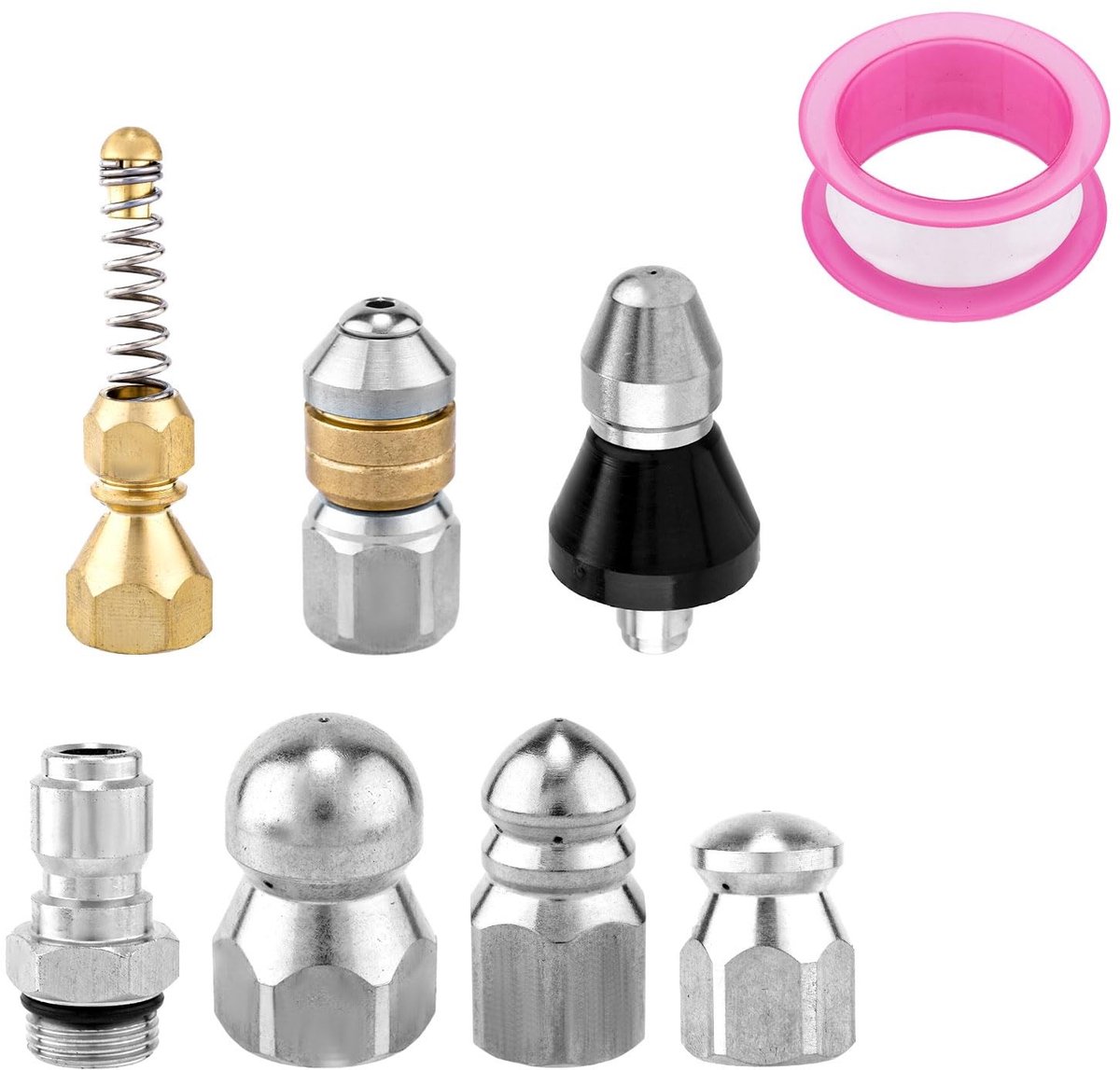 Inovra - Gosknor 8 Stuks Rioolreinigingssproeikopset met 1/4 Inch NPT-Snelkoppelingen en Tape, Roestvrijstalen Drukafvoersproeikop voor Hogedrukreiniger 5000 PSI