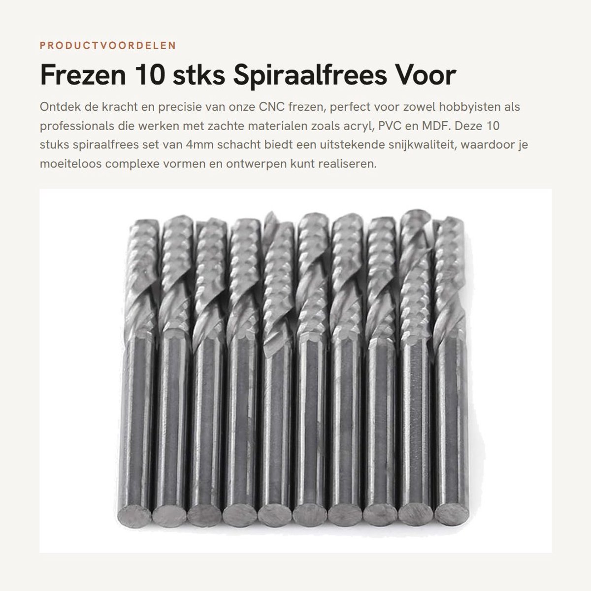 Inovra- Spiraalfrees 10 Stuks - CNC Frezen - 4mm Schacht - Enkele Fluit - Snijden Acryl/PVC/MDF - Tungsten Carbide