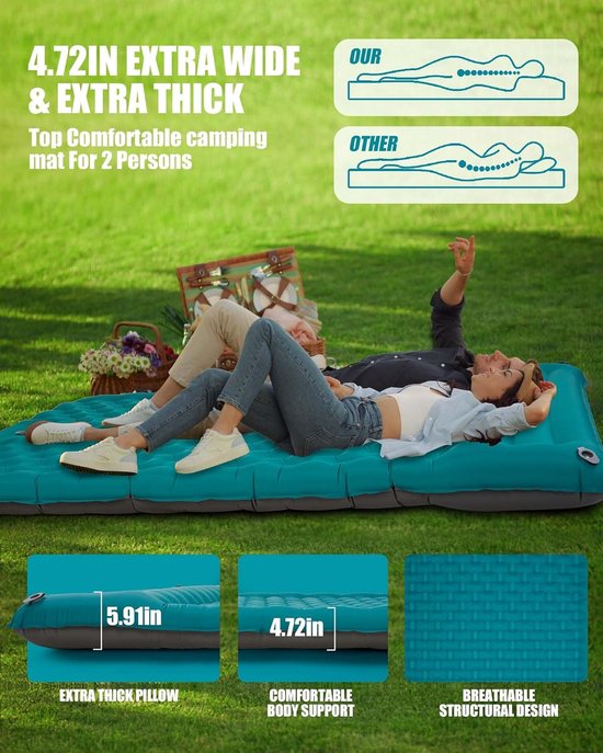 Thijox - Opblaasbare Slaapmat Camping - Extra Dikke Zelfopblazende Mat voor Twee Personen met Voetpomp - Ultrabreed Luchtbed met Kussen - Nylon, Pauwe van Thijox — afbeelding 2