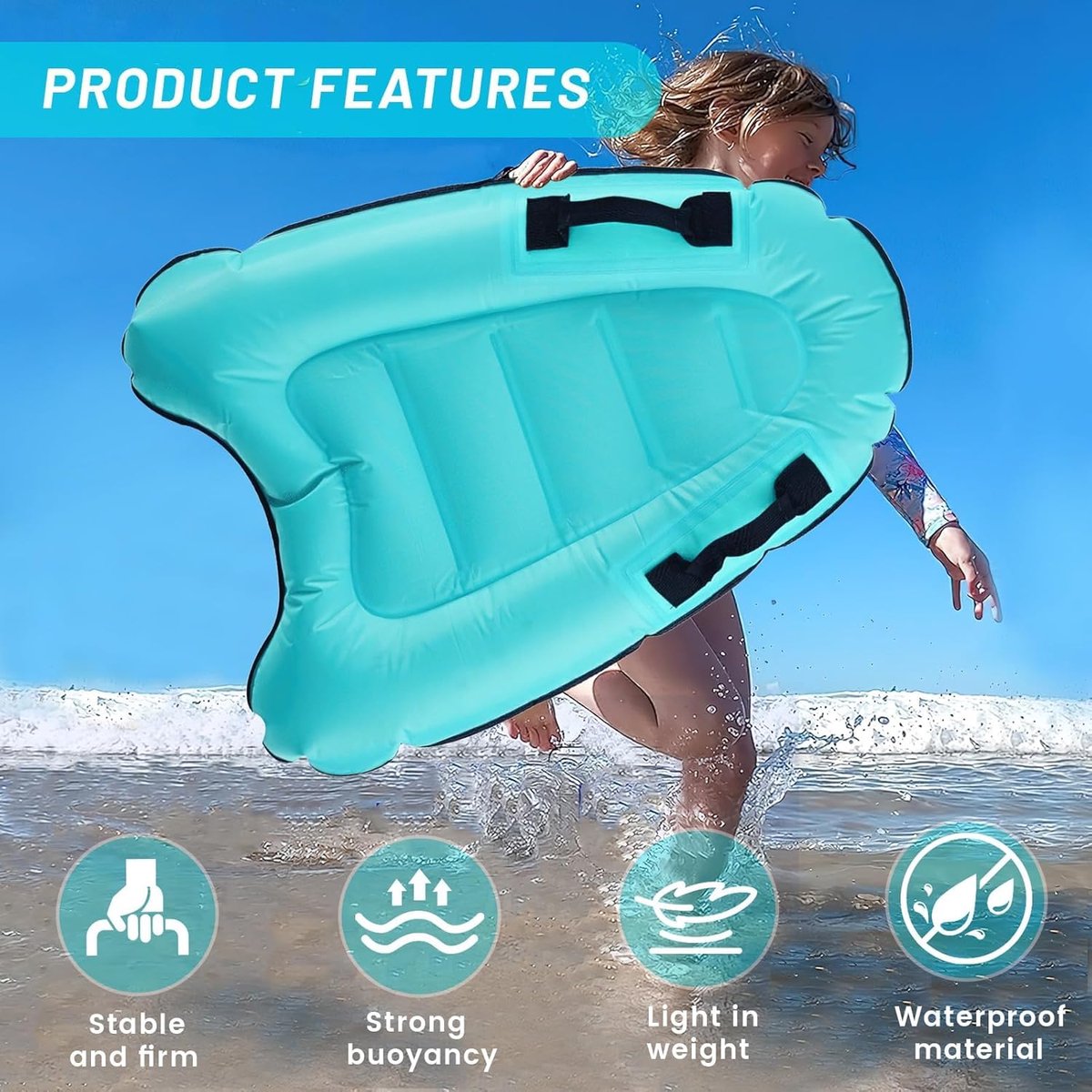 SnelShoppen - Opblaasbaar bodyboard met handgrepen, surfplank voor kinderen, mini-luchtmatras, zwemhulp, draagbaar voor strand en zwembad, kleurrijk,