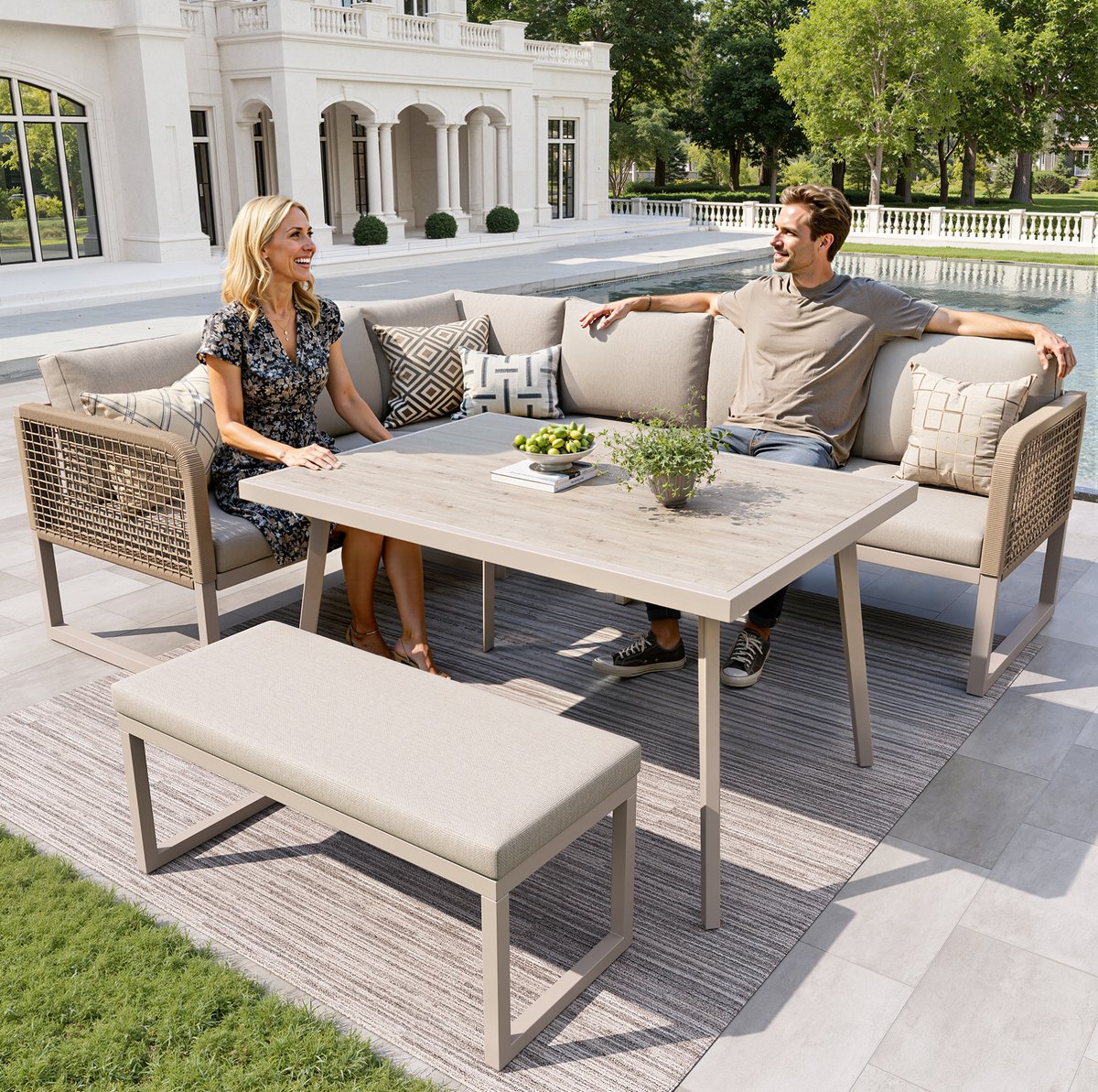 DESMIU Loungeset 242 x 182,5 x 77 cm - Modulaire Hoek Loungeset Met Tafel En Bankje - Voor Tuin En Terras - PE-Rattan Metaal Olefin - Beige