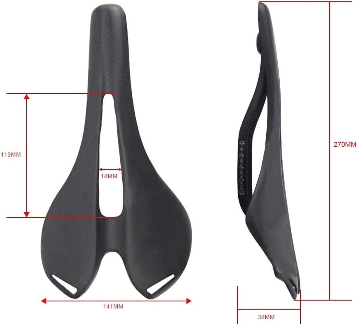 Lichte carbon racezadel voor fietsen, 3K glossy/matte afwerking, 270 x 141 mm, comfortabel en aerodynamisch