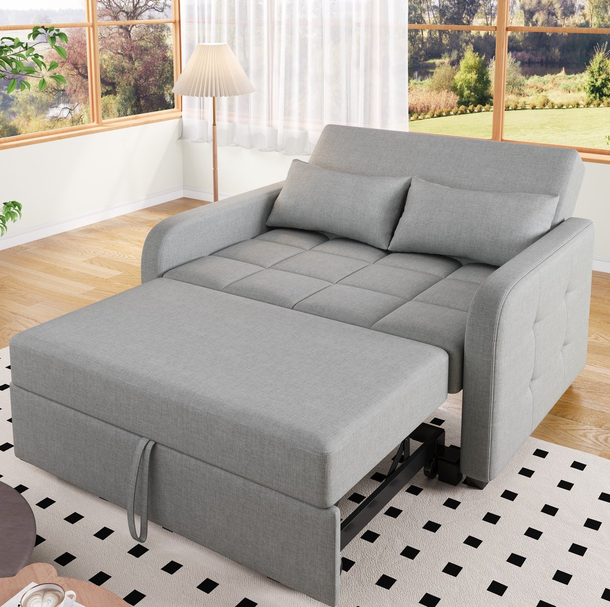 HAUSS SPOLE Slaapbank - Opklapbare 2-Zits Bedbank - Verstelbare Rugleuning Met 2 Kussens - Voor Studio En Logeerkamer - Linnenlook Antiekgrijs