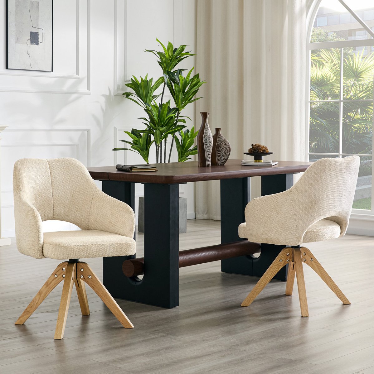 Set Van 2 Draaibare Eetkamerstoelen Beige Stof Met Houten Poten 360 Graden Stil Draaibaar Voor Eetkamer En Woonkamer Retro Stijl
