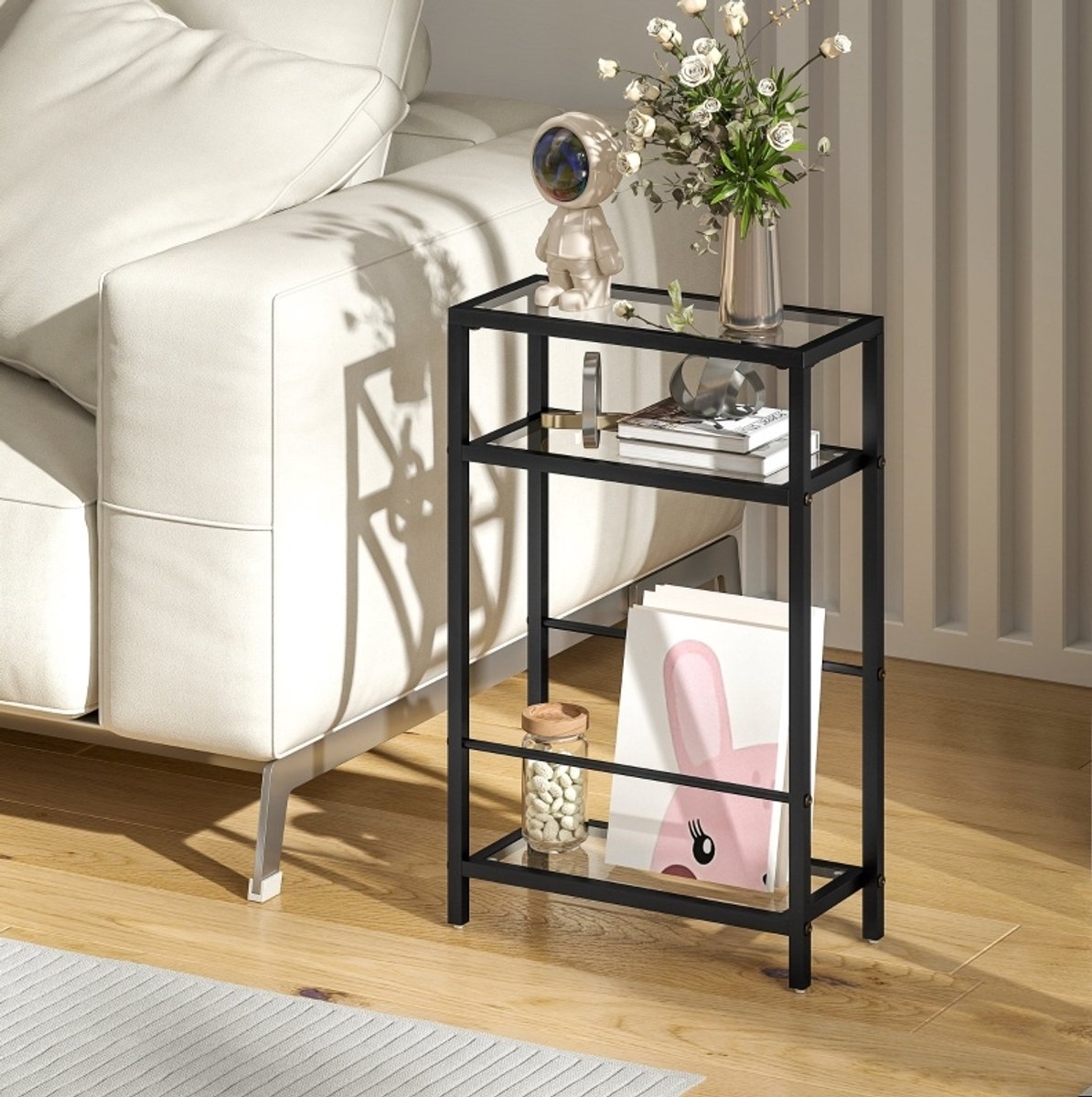 MEUNIQ Bijzettafel 40 x 18 x 62 cm met 3 glazen niveaus en stalen frame, smalle tafel voor woonkamer of slaapkamer, zwart
