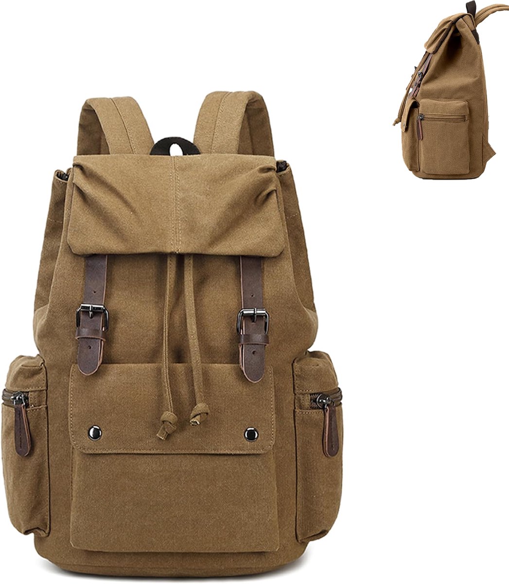 KZQ Retro canvas en leren studenten laptoprugzak - Duurzame unisex tas voor wandelen werk en reizen - Waterafstotend - Zwart