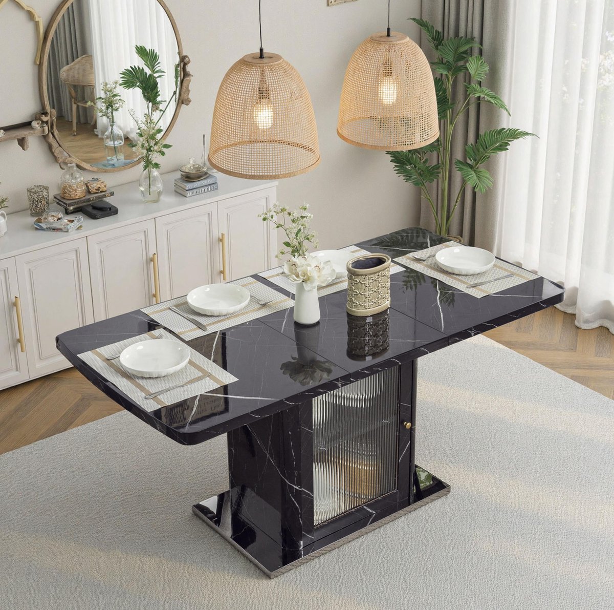 MIVRAY Eettafel - Uitschuifbare Rechthoekige Eettafel Met Opbergkast - Voor Eetkamer En Woonruimte - MDF Metaal Glas - Zwart - 160x80x76 Cm