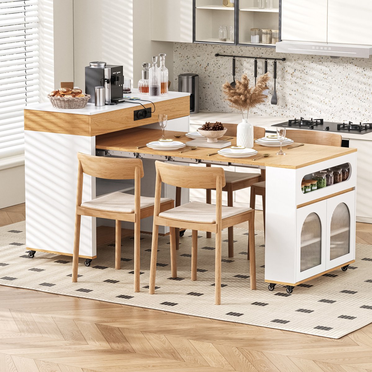 DESMIU Eettafel - Uitschuifbaar Keukeneiland Met Wielen En Stopcontact - Met Lade En Opbergruimte Voor Keuken En Eetkamer - MDF - 110,5x50,5x95,5 Cm - Wit Naturel