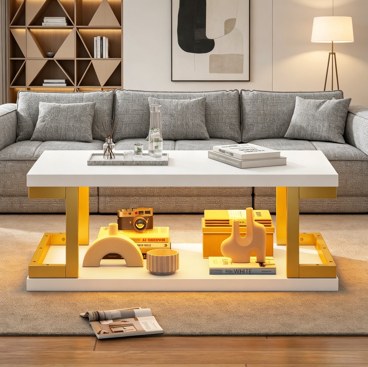 MIVRAY Salontafel - Rechthoekige Koffietafel Met LED-Verlichting En Open Opbergruimte - Voor Woonkamer Of Werkkamer - MDF Metaal - 100x50x37,5 Cm - Wit Goud
