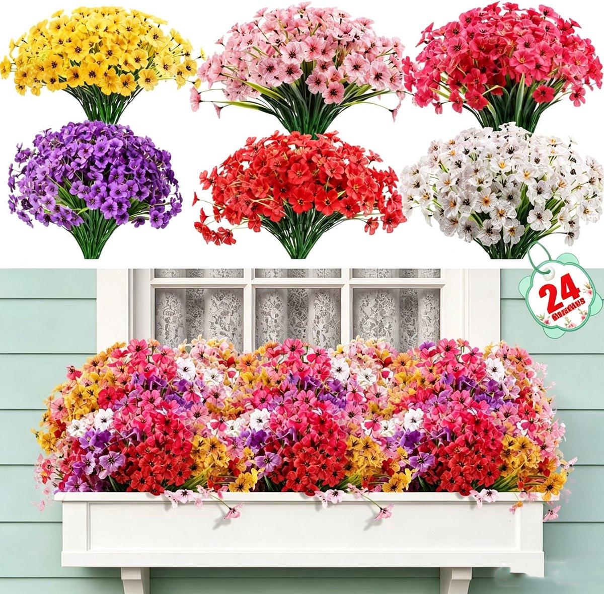 Kunstplant - Kunstbloemen voor buiten - UV-bestendig & kleurvast - Pollenallergievriendelijk - unstplanten Kunstbloemen - Kunstplanten - voor vensterbanken, terrassen, veranda's, tuinen en lente-decoratie - 24stuks