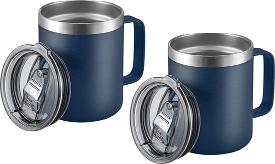 Twee marineblauwe RVS bekers met zilverkleurige rand en transparante deksels.