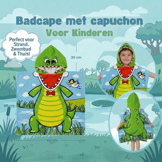 Poncho Handdoek - Badponcho - Krokodil - Zomer Badcape - Omslagdoek - Handdoek Met Capuchon - Strandhanddoek - Polyester - Jongen - Kinderen - Kinder - Peuter - Kleuter - Vanaf 3 jaar — afbeelding 2