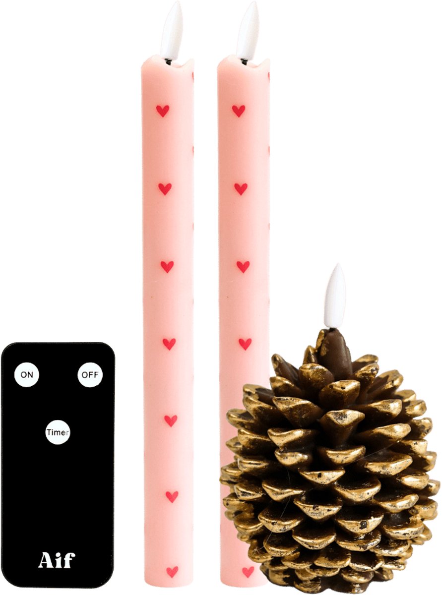 Aifcandles LED Dinerkaarsen Roze met Hartjes + Dennenappel - Cadeauset - Incl. Afstandsbediening - Aifcandles