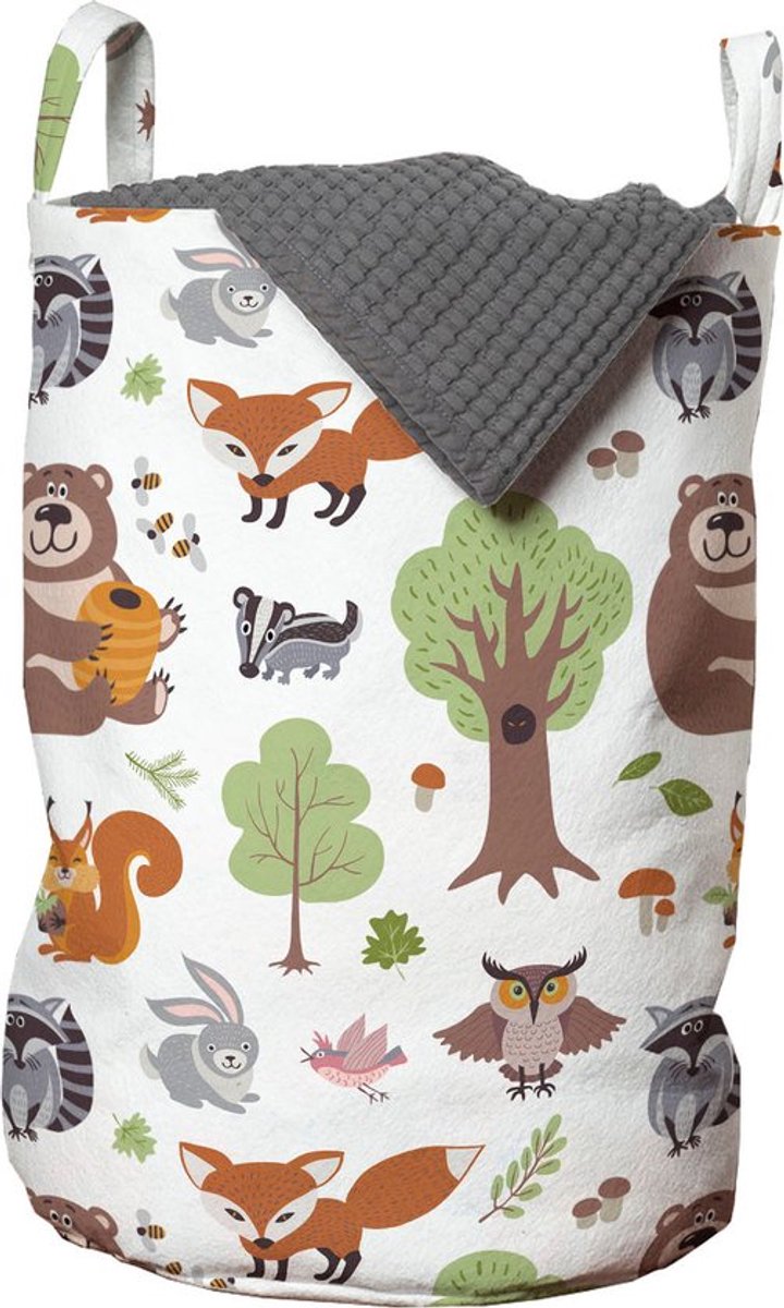 New Bed, Opbergmand Kinderkamer Bosdieren en Bomen, Wasmand met Dieren met Handvatten en Koordsluiting, Speelgoedmand kinderen - Speelgoedkist - Wasbox - 33 x 48 cm