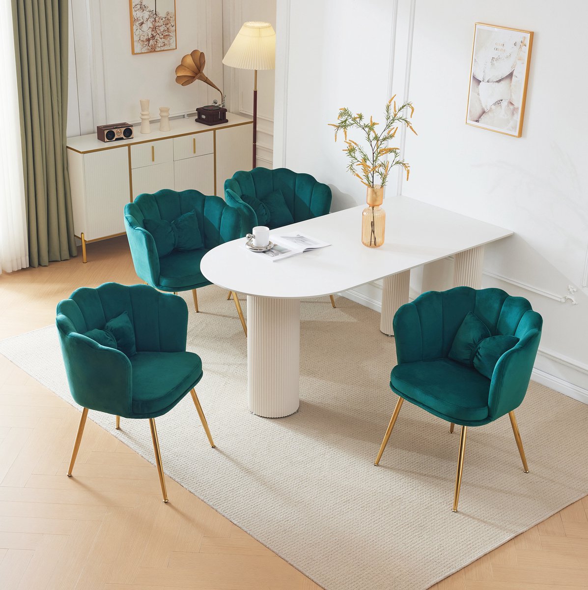 HAUSS SPOLE Eetkamerstoel - Luxe Velvet Design - Set Van 4 - Met Bloemblaadjesrug, Armleuningen En Gouden Metalen Poten - Groen