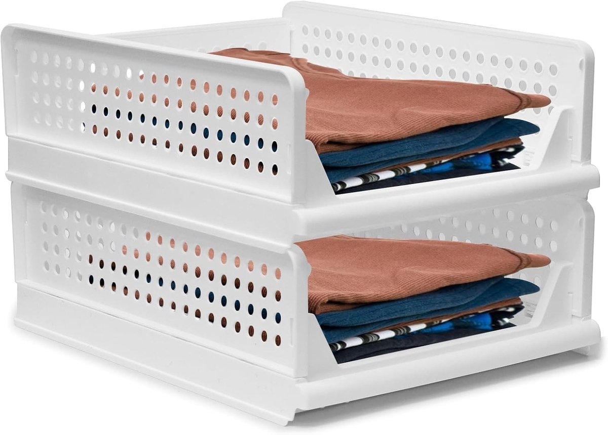 Multifunctionele Opbergmanden, 2 Stuks Stapelbare Plastic Baskets - Ideaal voor Kleding, Speelgoed en Boeken in Huis, Badkamer en Kantoor - 43 x 33.5 x 14 cm