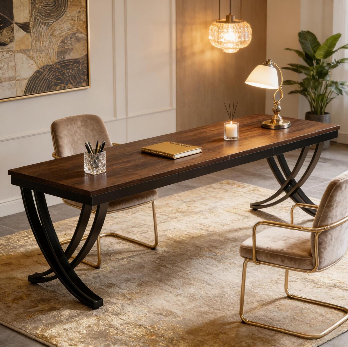 MIVRAY Bureau - Dubbel Werkbureau Voor Twee Personen Met X-Poten - Voor Kantoor En Thuiswerk - Metaal En Spaanplaat - 200x70x75 Cm