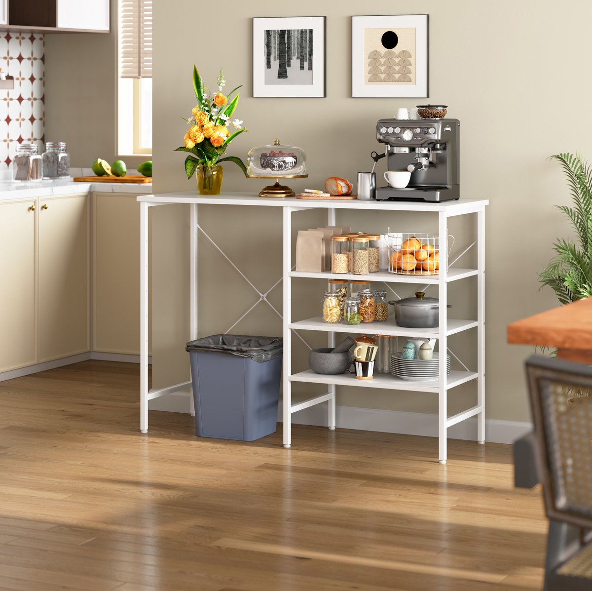 Hauss Spole Sidetable - Multifunctionele Organizer Met Wit Metalen Frame En Wit MDF - Voor Keuken Woonkamer Kelder En Garage - 120x40x85,5 Cm