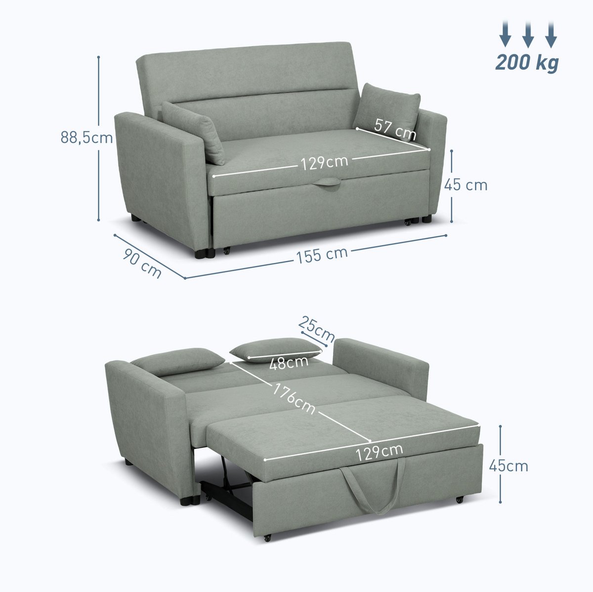 MEUNIQ 2-zits slaapbank met verstelbare rugleuning en opbergruimte, bedbank met 3 standen, kussens en wielen voor woonkamer of logeerkamer, lichtgrijs
