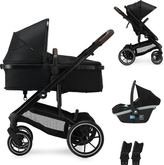 Zwarte Deryan kinderwagen 3-in-1 met reiswieg, zitje, autostoel en adapters.