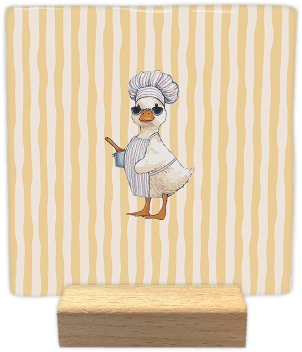Artige Decoratie tegel - Kokende eend - keramisch - 10x10 cm - inclusief houder geel