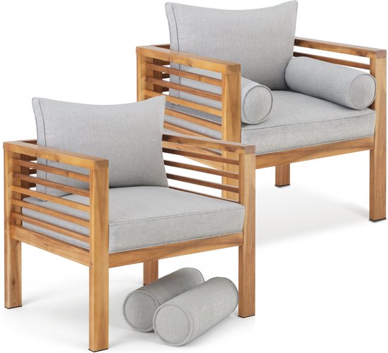 tectake® Set van 2 Houten Tuinstoelen - Loungestoel - Tuinstoel - Balkonstoel met zit-, rugkussen en armkussens - Fauteuil voor Balkon en Tuin - Terrasstoel - Weerbestendig - Scandi design