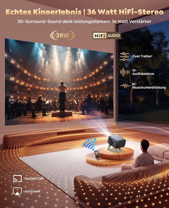 Smart Beamer - 4K Projector - Thuisbioscoop Ervaring - Geïntegreerd Google TV - 1080P Full HD - Zwart van smart — afbeelding 2