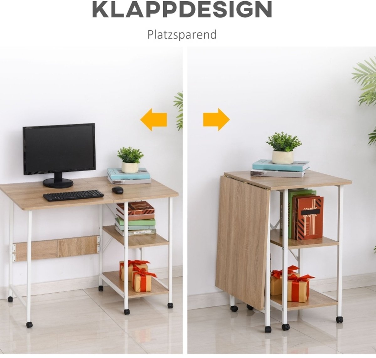 MIVRAY Bureau - Opvouwbaar Bureau Met Wielen En Opbergrek - Ruimtebesparend Voor Slaapkamer En Werkkamer - MDF En Wit - 107x55x76 Cm
