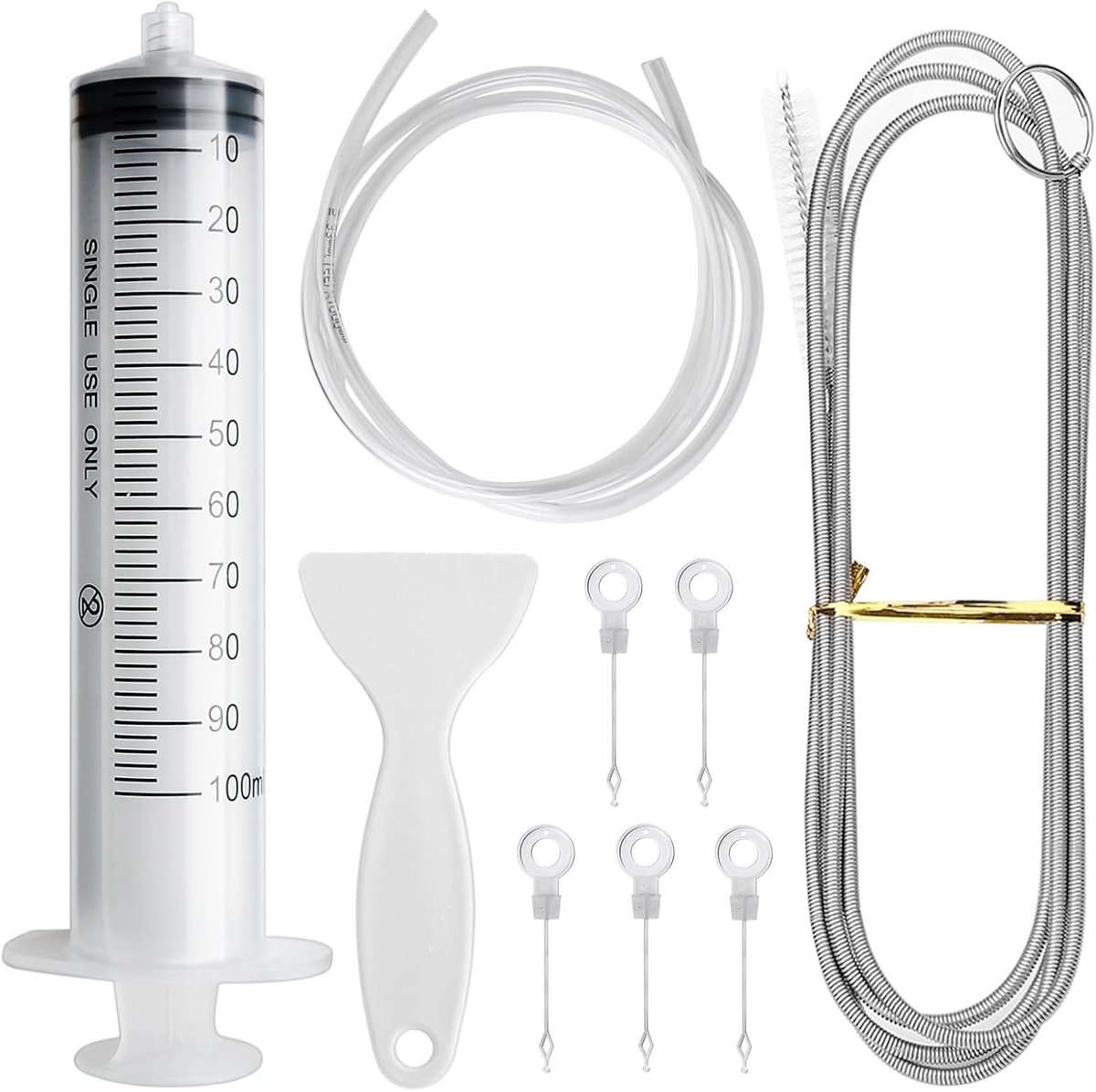 Complete Set voor Koelkastreiniging: Flexibele Borstel, 100ml Spuit, Afvoerhuls, Ontdooi Lepel en 5 Afvoerpluggen