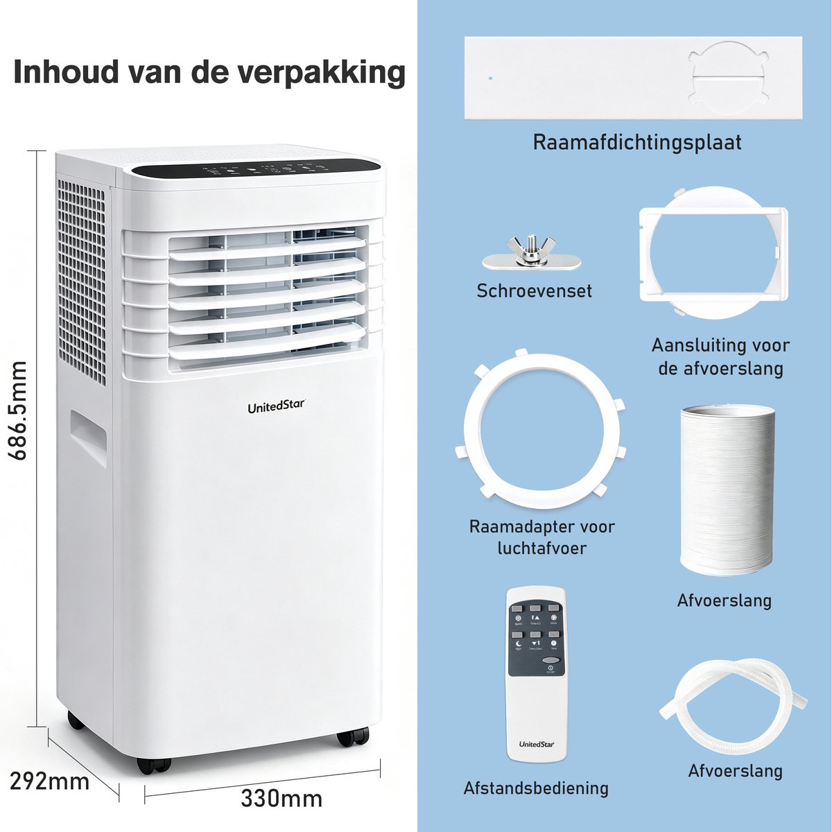 Draagbare Mobiele Airconditioner SKY-1A-7000 BTU-Snelle Koeling-Grote Luchtstroom-Geschikt voor 15-25 m²-3-in-1 Functie-Koelen-Ontvochtigen en Ventileren-Ideaal voor Warme Zomerdagen — afbeelding 4