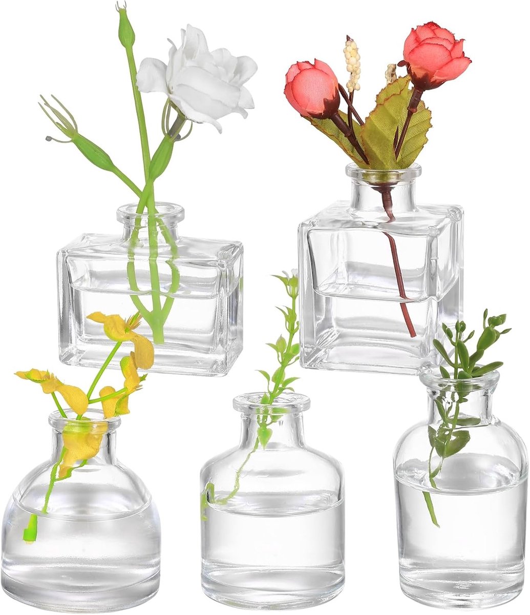 Set van 5 Glazen Bud Vazen voor Tafelversiering, Kleine Vazen voor Bloemen, Perfect voor Woonkamer en Bruiloften