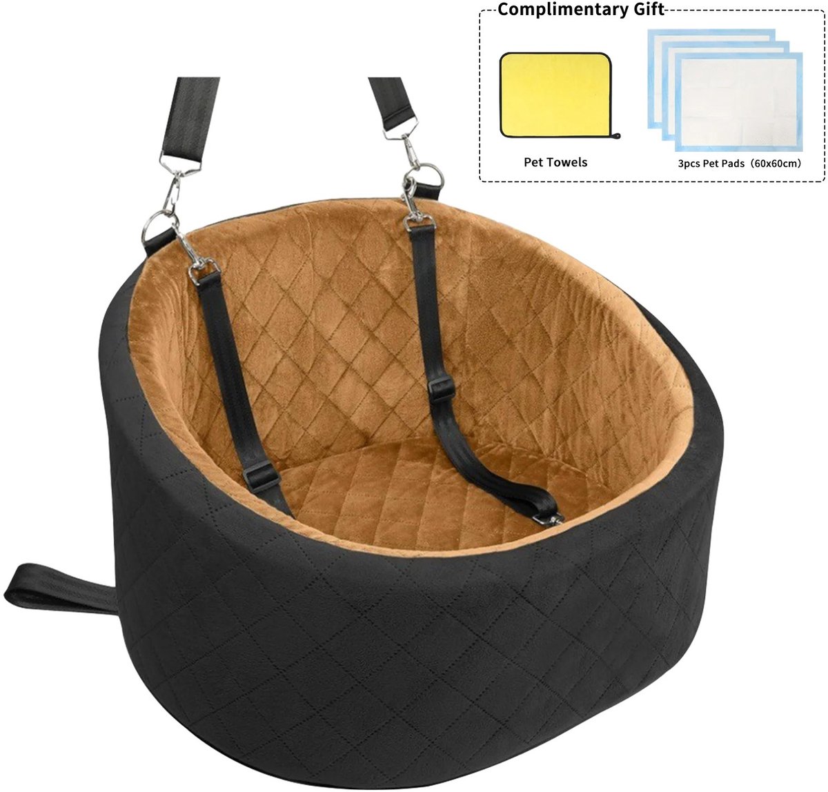 Stervia Hondenmand Voor In Auto - Kleine Honden - Met Veiligheidsriemen - Antislip Bodem - Afneembare En Wasbare Binnenkant - Zwart/Bruin - 42 x 34 x 32 cm