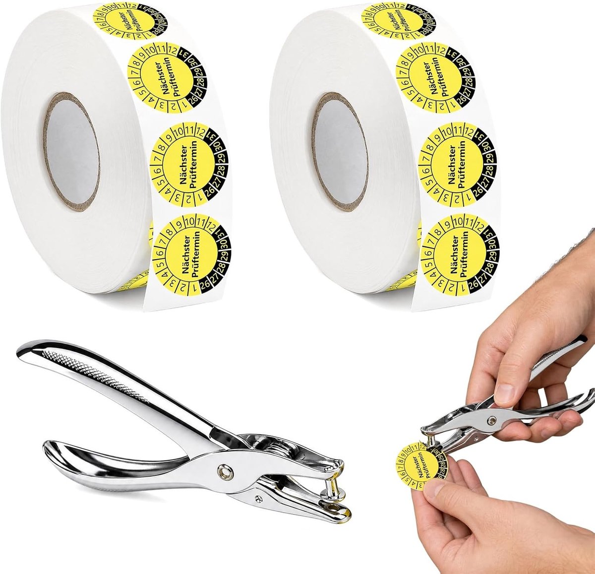1000 Teststickers voor Volgende Inspectiedatum 2026-2031, 30mm | Onderhoudslabels met Perforator voor Meerjarige Inspectie, Gele Teststickers voor Trappen en Poten, Duurzaam en Betrouwbaar