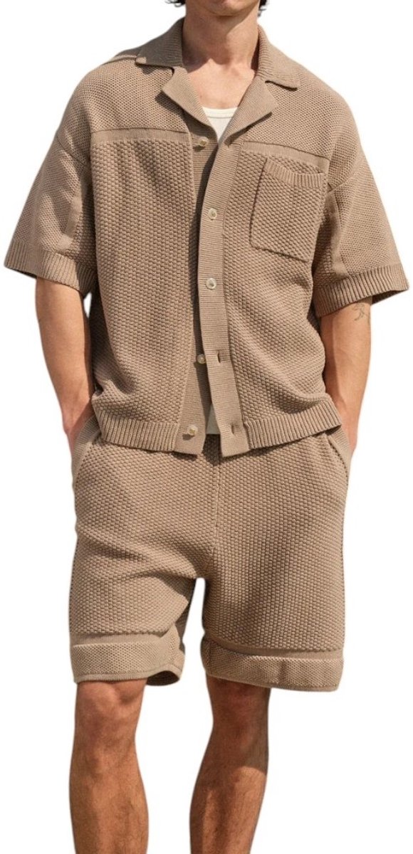 The Couture Club Overshirt Bruin TCCM3070 Contrast Knit Crochet