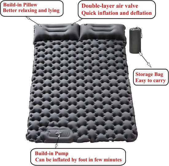 Opblaasbare campingmat - Slaapmat dubbel - Kamperen en wandelen - Met ingebouwde pomp - 2 persoons - Grijs — afbeelding 2