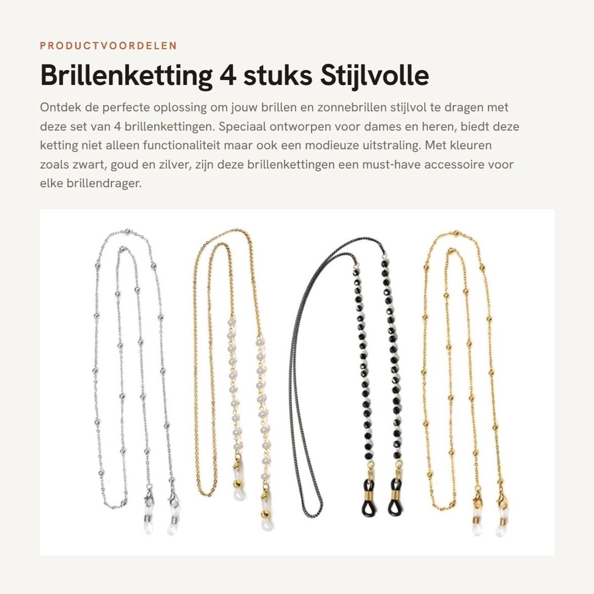 Inovra- Brillenketting 4 Stuks - Gouden/Parel Brillenkoord - Zonnebrilband - Antislip - 65cm - Geschikt voor Zonnebrillen/Leesbrillen - Brilband
