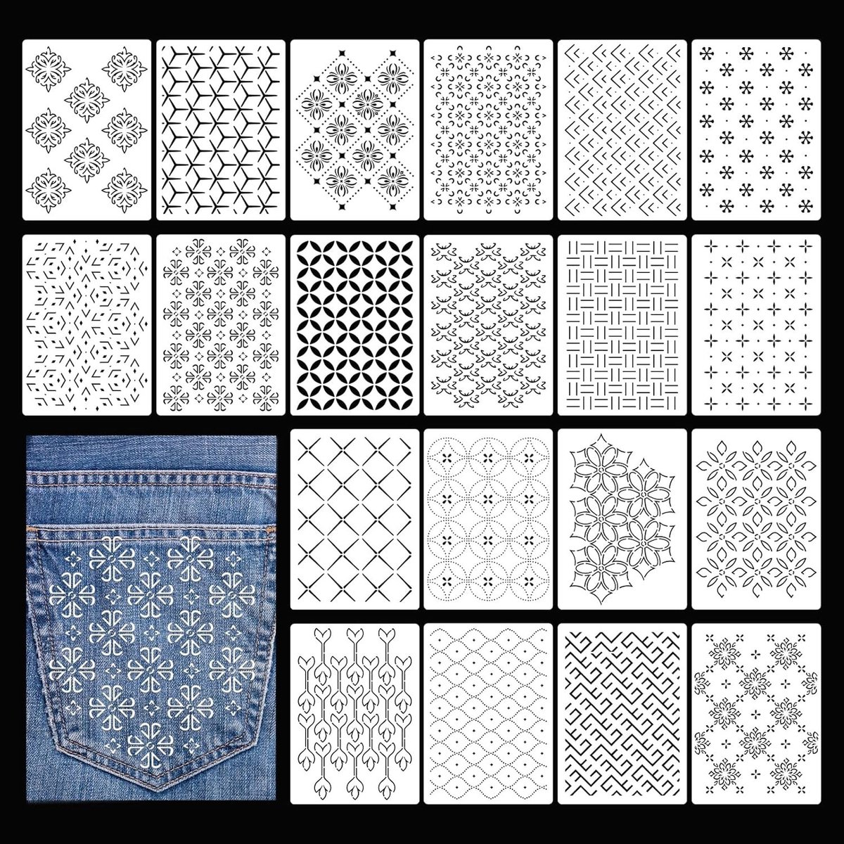 20 Stuks Herbruikbare Sashiko Sjablonen voor Geometrische Borduurpatronen - Ideaal voor Quilten, Handwerk en Naaien