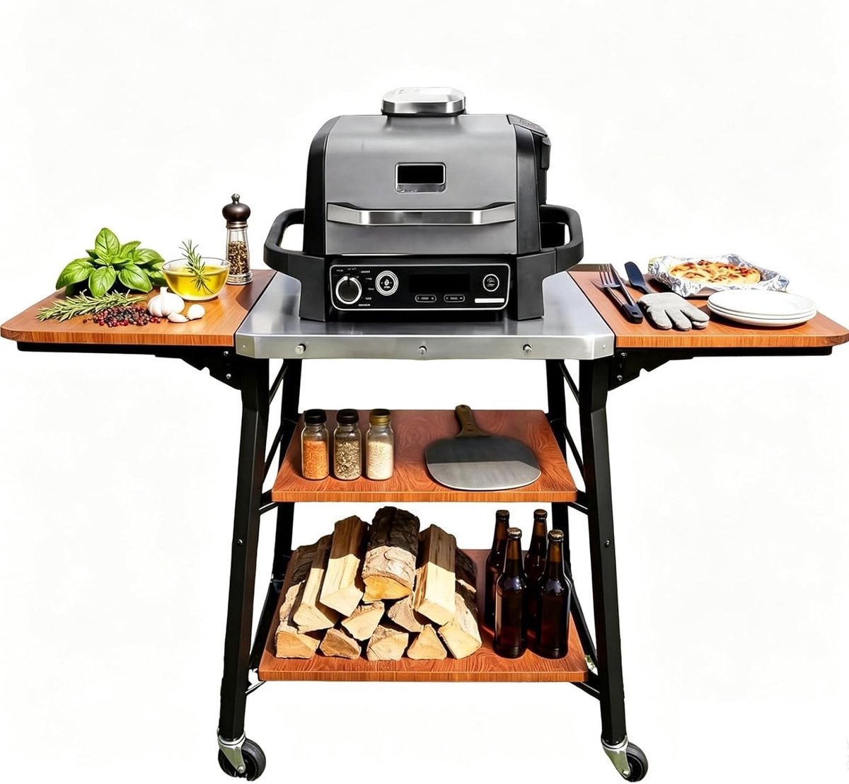 Barbecue Trolley met RVS Werkblad en Opvouwbare Zijkanten, Mobiele Keuken Trolley met Wielen en Opslagruimte voor Buiten koken