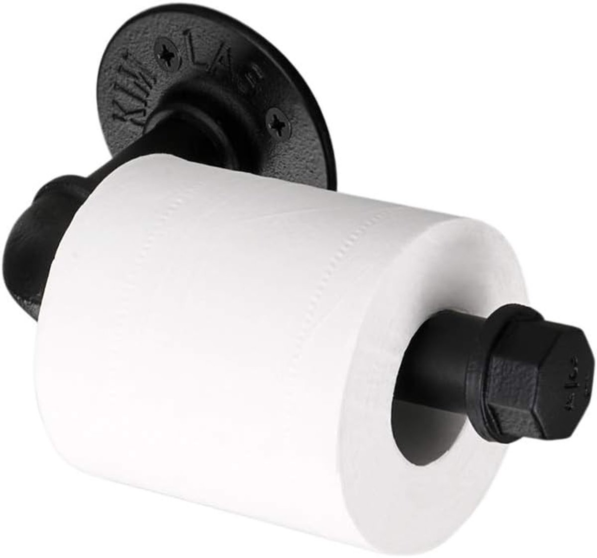 Antieke toiletpapierhouder van industrieel buisontwerp in zwart, perfect voor vintage badkamers en interieurdecoratie