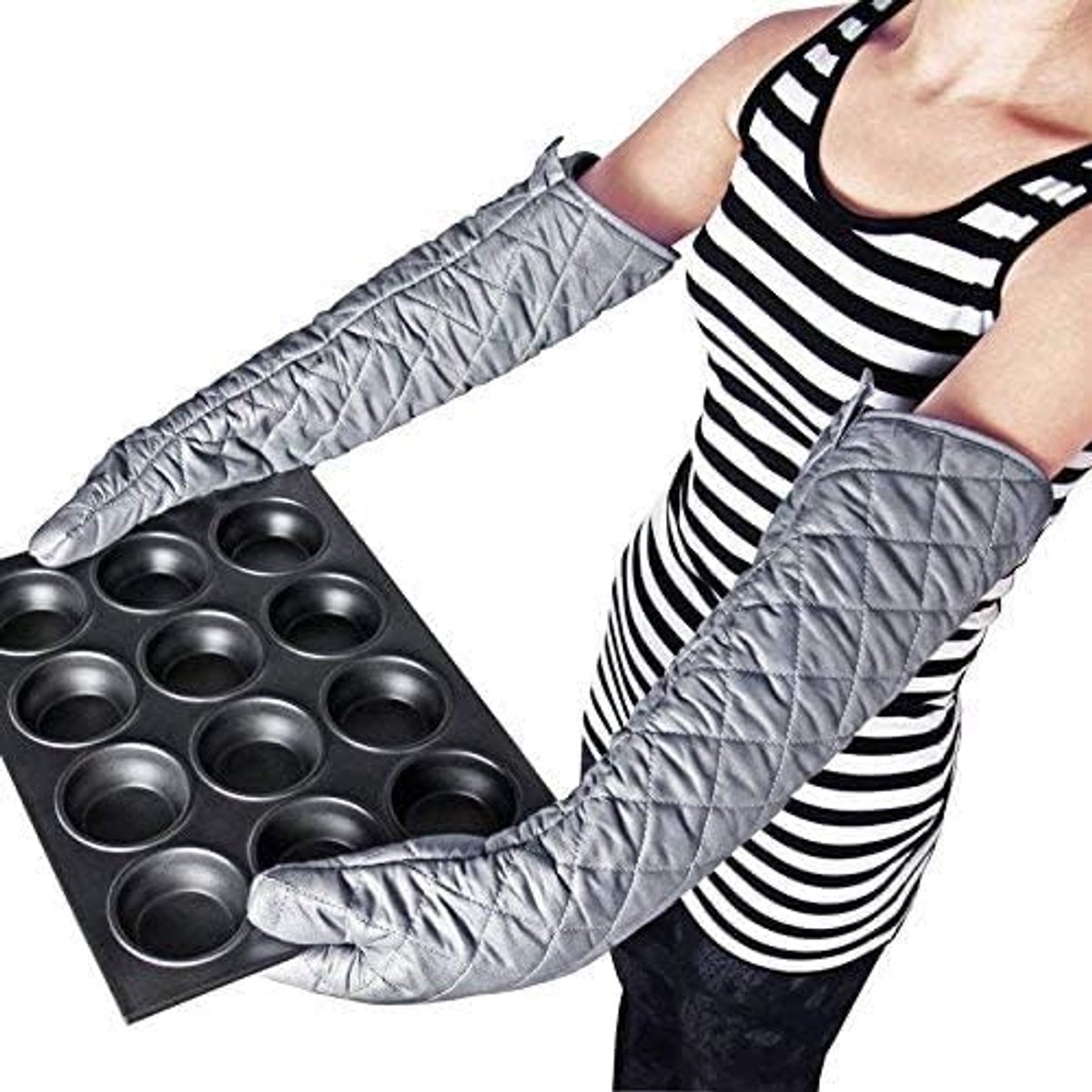 Thijox - Extra lange hittebestendige ovenwanten met katoenen voering 61 cm - Keuken handschoenen voor koken, bakken, BBQ - Dikke pannenlappen - 1 paar