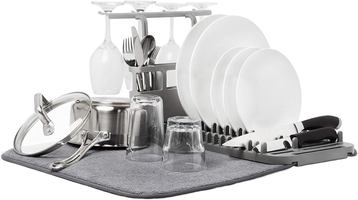 SnelShoppen - Afdruiprek met droogmat, Microvezel, Houtskool, 2-in-1, Keuken, Servies Droogrek, Afneembaar, Modern Design