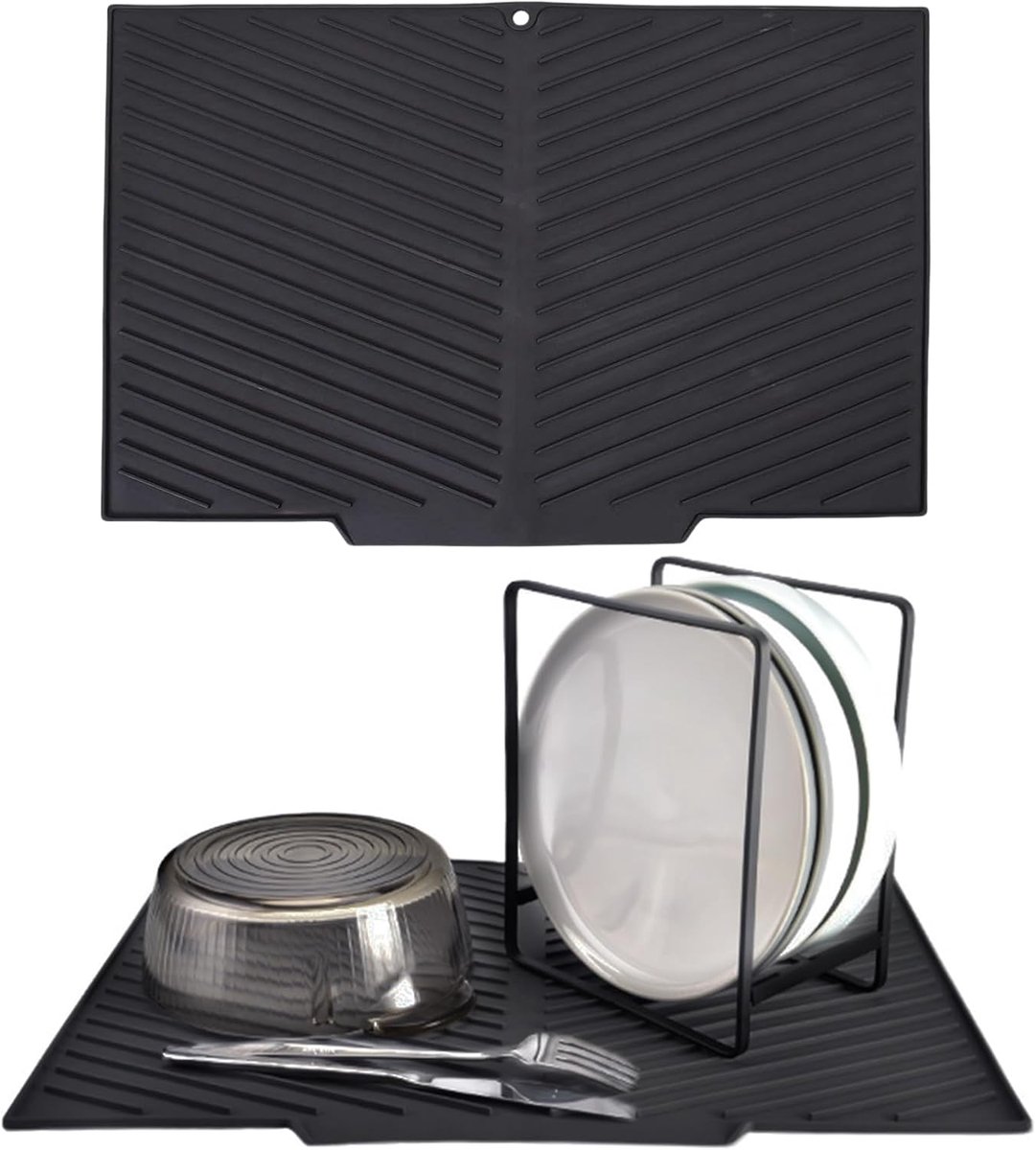 Thijox - Echehi Afdroogmat met Ingebouwde Afvoerlip 43,3 x 30 cm - V-vormige Antislip Keukenmat - BPA-vrij en Makkelijk te Reinigen - Zwart voor Afwas