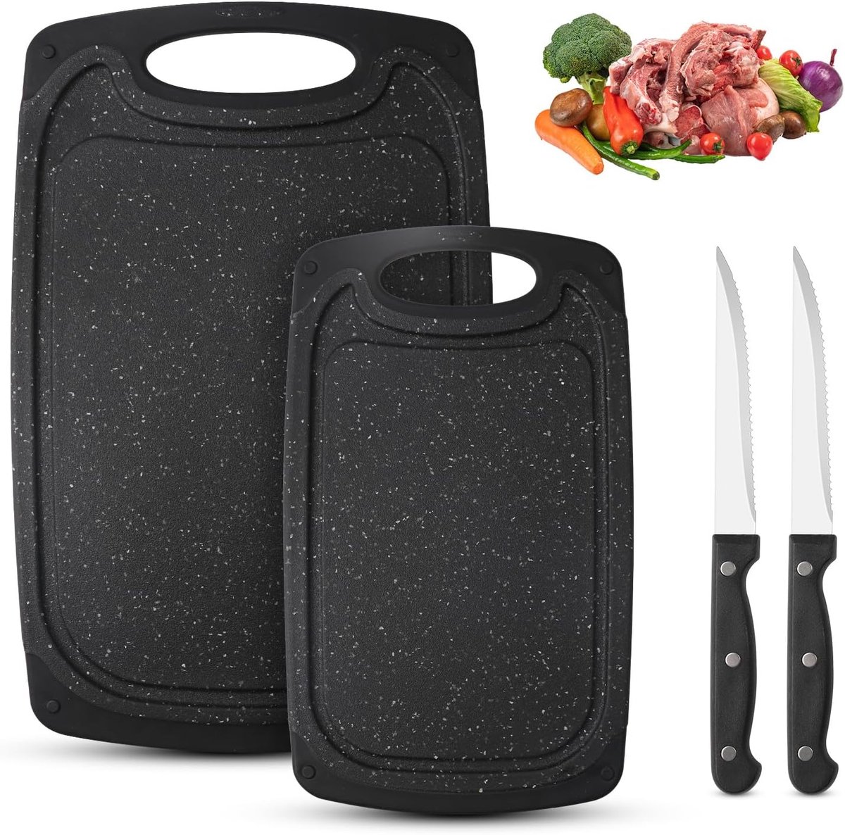 Thijox - Set van 2 Antibacteriële Kunststof Keukensnijplanken met 2 Vleesmessen, BPA-vrij, Antislip Handgreep, Ideaal voor Groenten, Fruit en Vlees, V